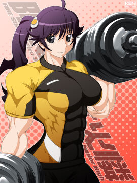 1girls ahoge alternate_muscle_size araragi_karen artist_name bakemonogatari bangs bare_arms biceps big_breasts big_muscles black_hair breasts closed_mouth commentary_request covered_abs dated dumbbell egg_hair_ornament female female_only fried_egg grey_eyes hair_between_eyes hair_ornament halftone halftone_background hand_up holding holding_dumbbell holding_object human human_only large_breasts long_hair looking_at_viewer medium_bangs monochrome_background monogatari_(series) muscles muscular muscular_arms muscular_female nisemonogatari pink_background ponytail red_background ren_(tainca2000) rentb short_sleeves side_ponytail sidelocks smile solo solo_female strong strong_female teenage_female teenager upper_body