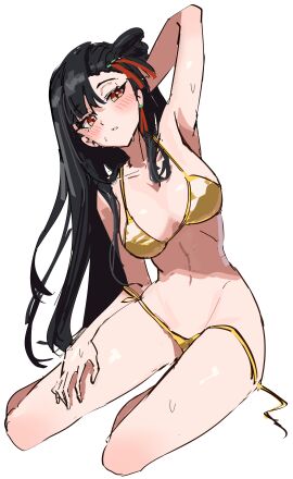 1girls armpits arms_behind_head arms_up big_breasts bikini bikini_bottom bikini_top black_hair blush breasts clothing female female_only girls'_frontline girls'_frontline_2:_exilium gold_bikini hair_ornament large_breasts long_hair navel orange_eyes qbz-191_(girls'_frontline) qiongjiu_(girls'_frontline_2) shino_duka sketch sweat sweatdrop
