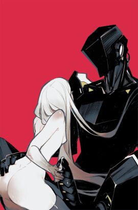 1boy 1girls ass big_penis breasts completely_nude couple female hand_on_another's_ass highres humanoid_robot kneeling large_penis long_hair male nipples nude penis penis_grab precum prosthesis prosthetic_leg ratio_(sarah_stone) red_background robot robot_on_human robot_penis robots_&_lace robotsinlace sarah_stone sex_machine simple_background sitting size_difference small_breasts straight valence_(sarah_stone) white_hair