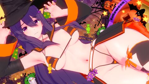 3d bikini doki_doki_literature_club female halloween halloween_costume human human_only light-skinned_female light_skin mashirosolera skimpy skimpy_bikini skimpy_clothes witch witch_costume witch_hat yuri_(doki_doki_literature_club)