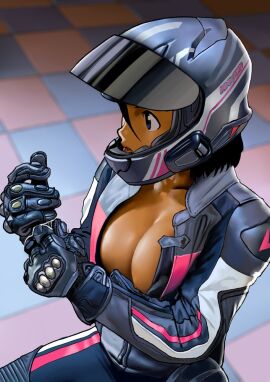 armor arung_samudra_(cessa) ass athletic athletic_female big_ass big_breasts black_hair blue_eyes breasts cessa cleavage curvy curvy_female curvy_figure cute dark-skinned_female dark_skin female female_only gloves hair_between_eyes hair_strand helmet jumpsuit large_breasts looking_away muscles muscular muscular_female putting_clothes_on putting_on_gloves short_hair sitting tile_floor tiles voluptuous voluptuous_female