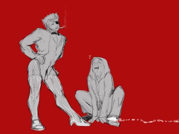 2boys ass baimonbluewhale blush deadpool deadpool_&_wolverine_(2024) eyepatch facial_hair gay high_heels looking_at_another male male_focus male_only marvel marvel_comics mask monochrome multiple_boys multiple_males muscular muscular_male smoking squatting standing thighhighs tongue tongue_out wolverine_(x-men) yaoi