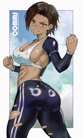abs absurdres ass black_pants blue_jacket blue_pants border borrowed_character bra breasts brown_hair cleavage clenched_hands commentary commission cowboy_shot cropped_jacket dark-skinned_female dark_skin english_commentary female green_eyes highres jacket large_breasts muscular muscular_female ongjolpark original pants park_ongjol reiko_tachibana_(namiyovt) underwear white_border