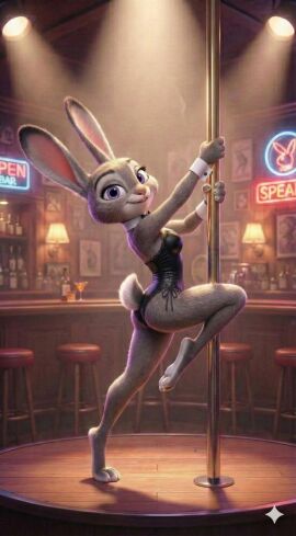 bunny bunny_ears bunny_girl bunny_tail bunnysuit clothed female gray_fur happy happy_female judy_hopps light-skinned_female pole pole_dancing pose profile_view purple_eyes zootopia