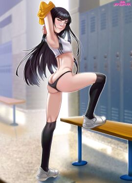 andava andavaverse arms_behind_head arms_up ass ass_crack black_hair breasts butt_crack choker female kneesocks long_hair na-na_kim posing posing_for_the_viewer small_breasts solo sports_uniform tennis_shoes thong undressing