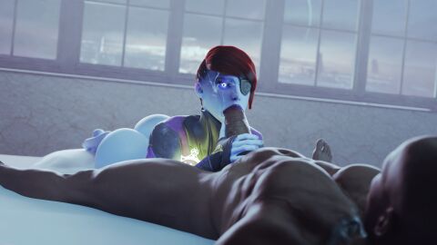 1boy 1girls 3d ass awoken barefoot bed blender blowjob blue-skinned_female blue_eyes blue_skin bottomless bungie dark-skinned_male dark_skin destiny_(game) destiny_2 dustyboyo eyepatch fellatio female glowing_eyes hands_on_penis huge_ass huge_cock interracial laying_down looking_at_another looking_at_partner male penis petra_venj red_eyes red_hair unseen_male_face veiny_penis window