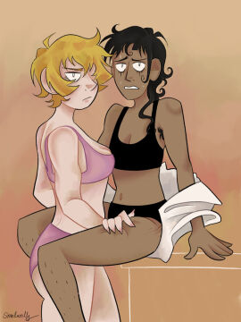 2girls annoyed annoyed_expression arataka_reigen artist_signature caught caught_in_the_act couple female female/female female_focus female_leg_hair female_only genderswap genderswap_(mtf) hairy_female katsuya_serizawa leg_hair lesbian lesbian_couple looking_at_viewer mob_psycho_100 nerdy_female nervous nervous_face nervous_sweat rule_63 smolwolfyy stretch_marks underwear unfazed yuri