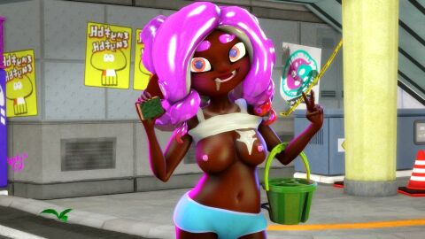 3d breasts colored_nipples cum cum_in_breasts cum_in_mouth dark-skinned_female dark_skin female female_only flashing flashing_breasts gradient_hair looking_at_viewer loyal_lewd octoling octoling_girl pink_hair pink_nipples public sfm solo solo_female solo_focus splatoon splatoon_(series)