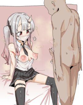 1girls areola areolae areolae_bulge black_hair_ribbon black_skirt black_thighhighs breasts dark-skinned_male dark_skin demon demon_girl demon_horns face_mask facemask female foreskin gradient_hair hair_ribbon hololive hololive_gen_2 hololive_japan horns japanese_text laugh laughing leebongchun looking_at_another looking_at_penis looking_down male masked masked_female medium_breasts nakiri_ayame off_shoulder one_side_up penis pleated_skirt ponytail red_eyes red_hair ribbon ribbon_in_hair shoulderless_shirt side_ponytail sitting skirt small_penis small_penis_humiliation sweat sweatdrop sweating text thigh_strap thighhighs uncircumcised uncircumcised_penis uncut veiny veiny_penis virtual_youtuber white_collar white_collared_shirt white_hair white_mask