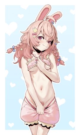 agemmata ahoge animal_ears bandeau bare_shoulders blue_background bow braid breasts clothes_pull collarbone colored_pubic_hair cowboy_shot female female_pubic_hair frilled_bandeau frilled_shorts frills hair_between_eyes hair_ornament hairbow hairclip heart heart_background heart_hair_ornament long_hair looking_at_viewer medium_breasts navel outline phase_connect phase_origins pink_bandeau pink_hair pink_pubic_hair pink_shorts pipkin_pippa pipkin_pippa_(1st_costume) pubic_hair pubic_hair_peek rabbit_ears rabbit_girl rabbit_hair_ornament red_eyes shorts shorts_pull simple_background smile solo star_(symbol) star_hair_ornament stomach twin_braids underboob virtual_youtuber vtuber white_outline