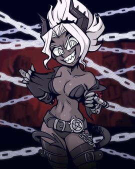 accurate_art_style bare_legs belt breast_plate breasts centinel303 chains cleavage demon demon_girl female gloves grey_body hell helltaker horn horns jacket judgement_(helltaker) long_hair panties pentagram sharp_claws sharp_teeth smile tagme tail thighs undressing voluptuous white_eyes white_hair