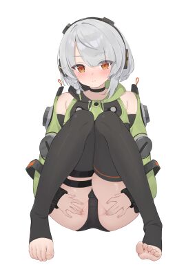 anby_demara bare_shoulders barefoot bitseon black_choker black_headphones black_panties black_thighhighs blush choker commentary feet female green_jacket highres jacket knees_together_feet_apart looking_at_viewer mixed-language_commentary orange_eyes paid_reward_available panties pussy short_hair sidelocks simple_background solo spread_pussy_under_clothes thigh_strap thighhighs toes underwear white_background white_hair zenless_zone_zero