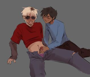 2boys black-haired_male black_hair blonde-haired_male blonde_hair dave_strider dickmien gay glasses handjob homestuck john_egbert male mostly_clothed short-haired_male short_hair sunglasses yaoi