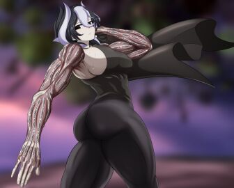 ass big_ass big_breasts black_and_white_hair body_markings breasts expressionless female female_only huge_ass huge_breasts leggings looking_at_viewer looking_back made_in_abyss muscular muscular_female ozen pale-skinned_female pale_skin short_hair sideboob skin_tight smugbuns solo sweat thick_thighs tight_clothing two-tone_hair