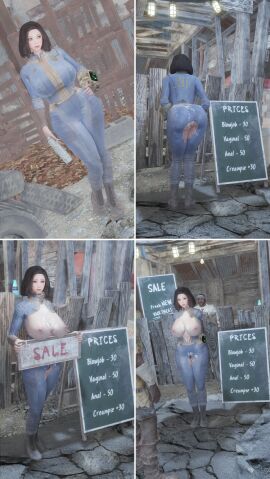 3d bethesda_softworks bomb_collar emotrashcan fallout female female_focus game_screenshot implied_creampie semen_on_chest semen_on_clothes semen_on_lower_body sign signpost slave slave_collar slave_girl slave_market vault_dweller vault_suit