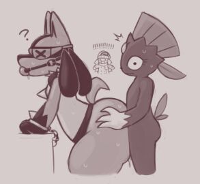 ambiguous_gender anthro ass ass_grab ball_gag big_ass big_butt blindfold bodily_fluids butt_grab caught caught_in_the_act chains claws clothed clothing coat cuff_(restraint) dawn_(pokemon) digital_drawing_(artwork) digital_media_(artwork) doggy_style drooling duo eyelashes female from_behind_position fur gag gem generation_4_pokemon genital_fluids hand_on_ass hand_on_butt handcuffed handcuffs hat headgear headwear human lucario male male/ambiguous mammal metal_cuffs monochrome nintendo nude pokemon pokemon_(species) pokemon_trainer precum question_mark restraints saliva scarf sex shocked spikes spikes_(anatomy) sweat tail thick_thighs topwear weavile zlut385