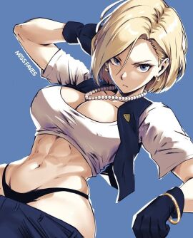 1girls abs alternate_version_available android_18 artist_name big_breasts blonde_hair blue_eyes bracelet breasts busty cleavage curvy dragon_ball dragon_ball_z earrings exposed_midriff female light-skinned_female light_skin missfaves muscular muscular_abdomen muscular_abs muscular_female panties pearl_necklace small_waist