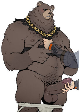 2024 anthro balls bear belly ben_bigger bite biting_lip blush bodily_fluids boner brown_body brown_fur chain_necklace clothing cum cum_on_hand duo erection eye_scar facial_scar foreskin fully_retracted_foreskin fur genital_fluids genitals handjob human human_on_anthro humanoid_genitalia humanoid_penis interspecies jewelry jockstrap male male_focus male_only mammal mihoyo muscular muscular_male necklace overweight overweight_male penile penis precum retracted_foreskin scar schizoid sex solo solo_focus uncircumcised underwear wise_(zenless_zone_zero) zenless_zone_zero