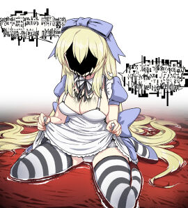 alice_(black_souls) alice_in_wonderland alice_liddell ambiguous_red_liquid apron apron_lift black_liquid black_ribbon black_souls blonde_hair blue_bow blue_footwear bow breasts cleavage clothes_lift dress eldritch_abomination female fingernails glitch hair_spread_out hairbow highres hole_in_face horror_(theme) incomprehensible lifted_by_self long_hair medium_breasts neck_ribbon nyong_nyong panties puffy_short_sleeves puffy_sleeves ribbon shoes short_sleeves sidelocks sitting solo speech_bubble straight_hair striped_clothes striped_thighhighs the_crawling_little_girls thighhighs underwear very_long_hair wariza white_apron white_dress white_panties