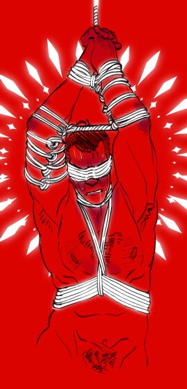 armpit_hair arms_up blindfold blindfolded_male blush bondage chest_hair drooling male medic_(team_fortress_2) nude older_male pubic_hair restrained shibari solo solo_male sweat tdutchartist team_fortress_2 tied_up tied_up_male