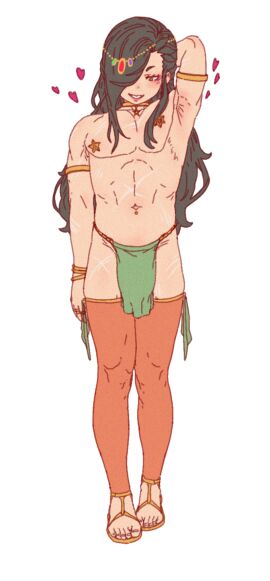 dancer dancer_outfit femboy full_body green_hair hair_between_eyes lipstick loincloth male male_only muscular muscular_femboy natsuki_subaru natsumi_schwarz one_arm_up presenting re:zero_kara_hajimeru_isekai_seikatsu