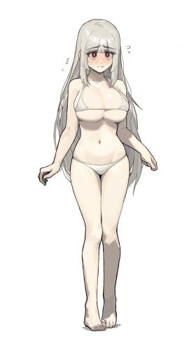 1girls 2024 bangs barefoot belly_button big_breasts bikini blush breasts busty calves cleavage clothed clothed_female clothing embarrassed feet female front_view full_body habin_(insact) hair hi_res human insact large_breasts legs_together light-skinned_female light_skin long_hair looking_at_viewer micro_bikini navel nervous original original_character pale-skinned_female pale_skin red_eyes skindentation solo standing stomach thighs toes top_heavy white_bikini white_hair