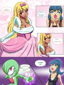 1futa 2girls absurd_res ashley_ketchum ball_gown beforu big_breasts blonde_hair blue_eyes blue_hair bow_in_hair breasts bulge bulge_through_clothing cleavage clothed clothing comic comic_page dark-skinned_futa dark_skin dawn_(pokemon) dialogue dickgirl digital_art digital_drawing_(artwork) digital_media digital_media_(artwork) dress english_text erect_penis erection erection_under_clothes erection_under_clothing erection_under_dress erection_under_skirt female feminization flechitas fully_clothed futa_transformation futanari gardevoir gender_transformation gown green_body green_hair hair hair_accessory handwear hi_res human humanoid imminent_transformation intersex intersex/female light-skinned_female light_skin mind_control nintendo penis penis_bulge pink_dress pokemon pokemon_(species) princess princess_dress princessification speech_bubble standing tenting text text_bubble transformation transformation_sequence transformation_through_magic white_body white_gloves