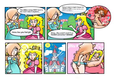 2girls accurate_art_style cheating comic domnirch english_text female luigi mario_(series) netorare nintendo ntr princess_daisy princess_peach princess_rosalina sex_toy strap-on strapon super_mario_bros. text text_bubble yuri