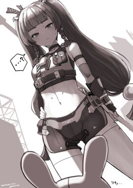 1girls bangboo_(zenless_zone_zero) bangs bare_shoulders braid breasts crop_top elbow_gloves female gloves greyscale looking_down midriff monochrome navel nosuky qingyi_(zenless_zone_zero) robot robot_girl short shorts shortstack sidelocks sleeveless small_breasts sweat thighs twin_braids twintails zenless_zone_zero