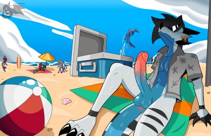 anthro avian ball balls beach beach_ball bird blue_body boxer_briefs breasts clothing cloud dragon ear_piercing ear_ring eyewear female fish genitals hi_res horn inflatable male male/female marine markings multi_genitalia multi_penis mythological_creature mythological_scalie mythology npc nude nude_beach penis phunter phunter15 piercing pussy reptile ring_piercing scalie shark shell sky solo spots spotted_body sunglasses tail underwear vulva white_body