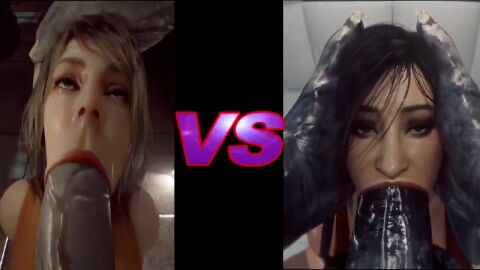 ada_wong ashley_graham black_hair blonde_hair blowjob clothed cum cum_in_mouth deepthroat eye_contact head_grab huge_cock kassioppiava lipstick_on_penis messy_hair moaning monster monster_cock mr_x penis pixiewillow pov resident_evil sound split_screen sweat tagme tongue video vs x3d