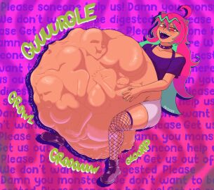 affection_addiction_(character) ass belly belly_bulge big_belly boots bulging_belly bulging_stomach colored_nails digestion digestion_noises eaten_alive female female_only fully_clothed green_hair green_scales mass_vore massive_belly multicolored_hair multiple_prey open_mouth oral_vore pink_hair pink_nails pink_sclera pkdoss post-digestion pred prey same_size_vore sharp_teeth smile stomach_bulge stomach_noises tight_belly vocalokat vore yellow_sclera