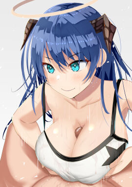 1boy 1girls arknights bad_id bad_pixiv_id big_breasts blue_eyes blue_hair blush bra breasts censored cleavage clothed_female_nude_male completely_nude female female_focus halo hi_res horns large_breasts male male/female mosaic_censoring mostima_(arknights) nude nude_male orste paizuri precum smile solo_focus speed_lines sports_bra sweat textless