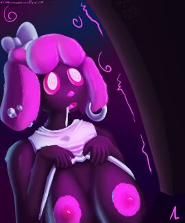 @_@ absurdres al anthro black_fur bow_tie breasts drool female female_only femsub furry hypnosis mind_control no_bra original pink_hair shirt_lift solo spiral spiral_eyes standing tech_control