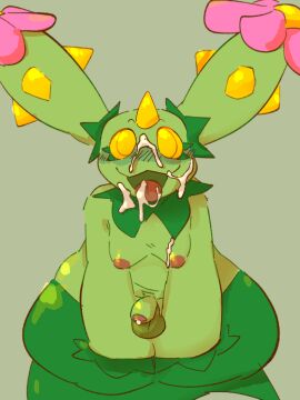 anthro bodily_fluids catjamn cum cum_on_face cum_on_tongue generation_5_pokemon genital_fluids genitals green_body hi_res looking_at_viewer looking_up looking_up_at_another maractus nintendo nipples penis pokemon pokemon_(species) sitting smile solo tongue tongue_out trans_(lore) trans_woman_(lore) yellow_eyes