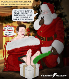 2020 2boys artist_name captured christmas christmas_present closed_eyes featherticklish green_feather male male_feet male_foot_fetish male_tickling punishment sacked santa_claus speech_bubble story story_at_source story_in_description text_box tickling tickling_feet