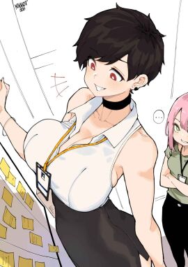 2girls big_breasts bigger_female breasts brown_eyes brown_hair choker female maggot666 melissa_renata norman_maggot office office_clothing office_lady olive_laurentia short_hair taller_female