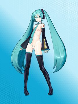 accurate_art_style blue_background blue_eyes blue_hair blue_tie breasts clothed female hatsune_miku leggings legwear mmd nude oil oiled pale_skin petite ponytail posing pussy shiny_skin skinny small_boobs small_breasts small_tits sweat thighhighs twintails vagina vocaloid white_skin yyb_(3d_model_style)