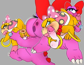 1futa 1girls absurd_res accessory anthro anthro_on_anthro anus ass balls bent_over big_penis birdo birdo_(character) blue_eyes bodily_fluids bow_ribbon bracelet claws clothing cubby_(artist) cubbychambers duo eyeshadow feet female footwear foreskin furry furry_female furry_futa furry_only futanari gem genital_fluids genitals hair_accessory hair_ribbon hairbow handjob hi_res high_heels intersex intersex/female jewelry koopaling lips makeup mario_(series) necklace nintendo nipples orange_body pearl_(gem) pearl_necklace penile penis penis_against_cheek pink_body precum puffy_nipples pussy reptile ribbons rimming_female ring scalie sex shell shoes spikes spikes_(anatomy) spread_anus spreading tail thick_lips toe_claws uncircumcised vulva wendy_o._koopa yellow_skin