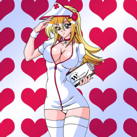 1girls blonde_hair breasts choker clipboard dark_magician_girl dress female green_eyes holding_clipboard large_breasts long_hair looking_at_viewer nurse nurse_cap nurse_uniform panties short_dress thighhighs white_dress white_panties wslasher yu-gi-oh!