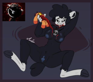 2024 4_fingers abstract_background anthro anthro_on_anthro anthro_only areola artist_name baba_chops baba_chops_(poppy_playtime) big_breasts black_body black_fur black_hair black_sclera black_wool bodily_fluids bovid breasts buckteeth caprine critters_(poppy_playtime) digital_drawing_(artwork) digital_media_(artwork) eating eating_flesh eyelashes female fingers fluffy fluffy_tail fur furry_only genitals gore guts hair hand_behind_head hi_res hooves intestines jewelry looking_at_viewer mammal mandyfoxy mob_entertainment mob_games necklace nightmare_critters nipples no_humans nude nude_anthro nude_female organs poppy_playtime poppy_playtime_(chapter_3) poppy_playtime_(chapter_4) pussy sex sheep sheep_girl sheeps short_tail smiling_critters solo spread_legs spreading tagme tail teeth watermark white_body white_eyes white_fur white_skin wool_(fur)