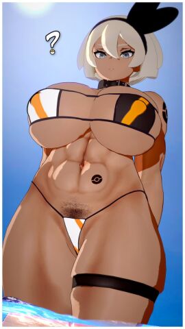 3d abs bea_(pokemon) bikini breasts bush dark-skinned_female dark_skin female fit fit_female grey_hair gym_leader huge_breasts large_breasts looking_at_viewer looking_down pokemon pokemon_ss pubes silver_hair thigh_strap valiance