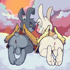 1:1 1boy 1girls 2d analog_horror angel angel_gabby angel_hare angel_zaggy annoyed anthro anus ass ass_focus balls blue_eyes bottomless buckteeth bunny cchilab clothing digital_media duo female freckles full_body furry furry_only genitals grin half-closed_eyes hare lagomorph leporid looking_back male mammal narrowed_eyes naughty_face partially_clothed pixel_(artwork) pixel_art presenting_hindquarters pussy robe scut_tail short_tail tail teeth testicles the_east_patch wings yaoi