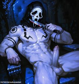 1boy abs ai_assisted ai_generated biceps big_biceps big_penis black_fingernails black_markings blood_drip body_markings claws confident_pose dark_atmosphere erect_penis erection foreskin ghostface ghostface_(scream) jujutsu_kaisen knife laid_back masked_male muscular muscular_male pale_skin pale_skinned_male precum ryoumen_sukuna_(jujutsu_kaisen) sitting sitting_on_throne slim_waist sweat testicles veins veiny_hands