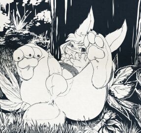 2018 3_toes anus ass balls barefoot bondage bound claws cornelius_(odin_sphere) curling_toes feet foreskin genitals grass hair hi_res hood looking_at_viewer lying male melee_weapon monochrome odin_sphere on_back outside pawpads penis perineum plant pooka restraints rope rope_bondage semi-anthro soles solo stormdragonblue sword toe_claws toes tree vanillaware weapon