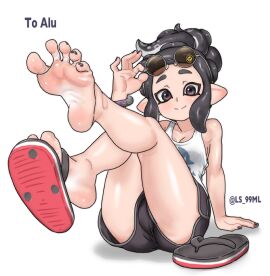 barefoot black_eyes black_hair blush dolphin_shorts feet feet_up female flip-flops foot_fetish foot_focus leg_up looking_at_viewer nail_polish nintendo octoling octoling_girl pointy_ears sandals shoes shorts simple_background single_sandal single_shoe skeb_commission smile soles solo splatoon splatoon_(series) splatoon_3 sunglasses sunglasses_on_head toenail_polish toenails toes tsukimaru_(ls_99ml) white_background wrinkled_feet