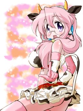 artist_request breasts female glasses headset large_breasts lucky_star miyuki_takara mizushima_(p201112) pink_hair pointing_at_viewer purple_eyes side_view tagme