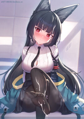 1girls animal_ear_fluff animal_ears black_hair black_necktie black_pantyhose black_skirt blunt_bangs blush cum cum_on_body cum_on_feet dress_shirt feet female fox_ears fox_girl green_jacket high-waist_skirt highres hoshimi_miyabi hoyoverse indoors jacket light-skinned_female light_skin long_hair looking_at_viewer mihoyo necktie no_shoes paid_reward_available pantyhose red_eyes shirt sidelocks sitting skirt soles solo uneg white_shirt zenless_zone_zero