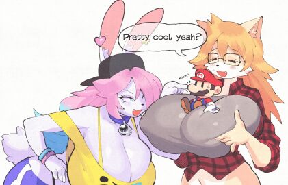 1boy 1girls :3 bell big_breasts breasts bunny_boy busty_male cleavage collar convenient_breasts cute_fang female flannel furry glasses huge_breasts inkerton-kun inkuusan male male_with_breasts mario nipple_bulge peanut_butter_(theycallhimcake) pink_hair skindentation tagme thick_thighs thong wide_hips