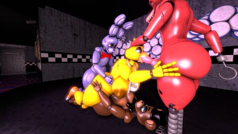 3d 3d_(artwork) ass avian bear big_breasts big_butt big_penis bird bonnie_(fnaf) bonnie_(mishuyuu) breasts brown_body canid canine chica_(fnaf) chica_(mishuyuu) chicken classic_chica_(fnaf) digital_media_(artwork) fellatio female five_nights_at_freddy's fox foxy_(fnaf) foxy_(mishuyuu) freddy_(fnaf) freddy_(mishuyuu) furrypornenjoyer futanari galliform genitals group hand_on_head hand_on_hip hi_res intersex intersex/female lagomorph leporid male male/female mammal on_stage oral penetration penile penis phasianid purple_body rabbit red_body scottgames sex source_filmmaker_(artwork) thick_thighs triple_penetration yellow_body